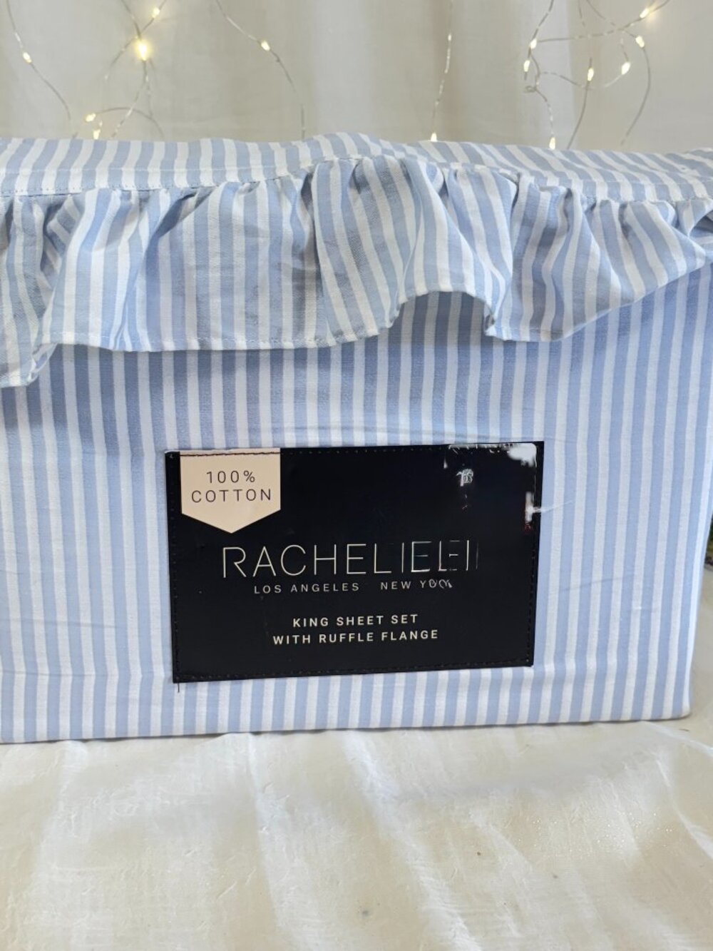 RACHEL ZOE 4Pc King Cottage Chic Sheet Set Blue & White Striped w/ Ruffle Flange